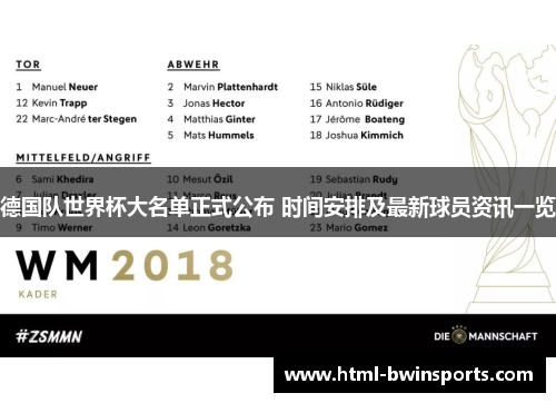 德国队世界杯大名单正式公布 时间安排及最新球员资讯一览